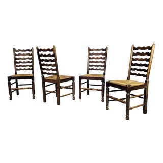Rustic Oak Farmhouse Ladderback Dining Chairs with Rush Seats, 1960s, Set of 4 For Sale