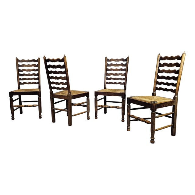Rustic Oak Farmhouse Ladderback Dining Chairs with Rush Seats, 1960s, Set of 4 For Sale