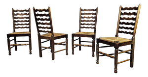 Rustic Oak Farmhouse Ladderback Dining Chairs with Rush Seats, 1960s, Set of 4