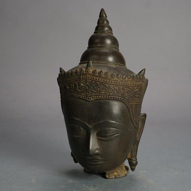Antique Cast Bronze Crowned Tibetan Buddha Head 18thC Measures - 10.75"H x 5.5"W x 5.25"D