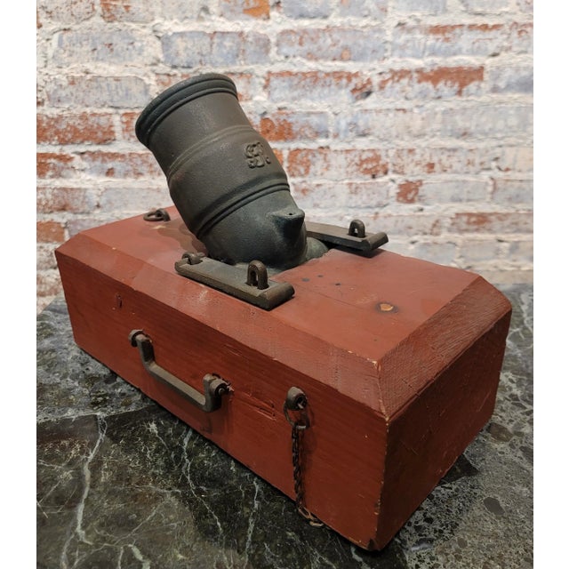 British Metal Mortar Cannon on Wooden Base dimensions : 15 1/2" wide - 8" deep - 10" high A beautiful piece that will add...
