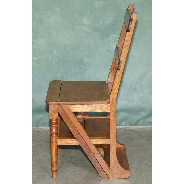Brown Antique English Arts & Crafts Metamorphic Library Steps in Tiger Oak, 1880 For Sale - Image 8 of 18