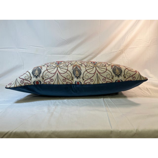 Large Bolster Pillow Decorated in a Needlepoint Look Classic Renaissance Scroll and Floral Pattern With Rich Blue Velvet-Like Back - Made in the U K For Sale - Image 9 of 10