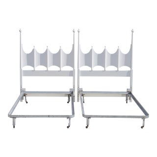Pair of Vintage White Twin-Size Beds With Gothic Revival Style Headboards & Metal Frames For Sale