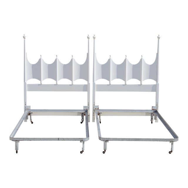 Pair of Vintage White Twin-Size Beds With Gothic Revival Style Headboards & Metal Frames For Sale