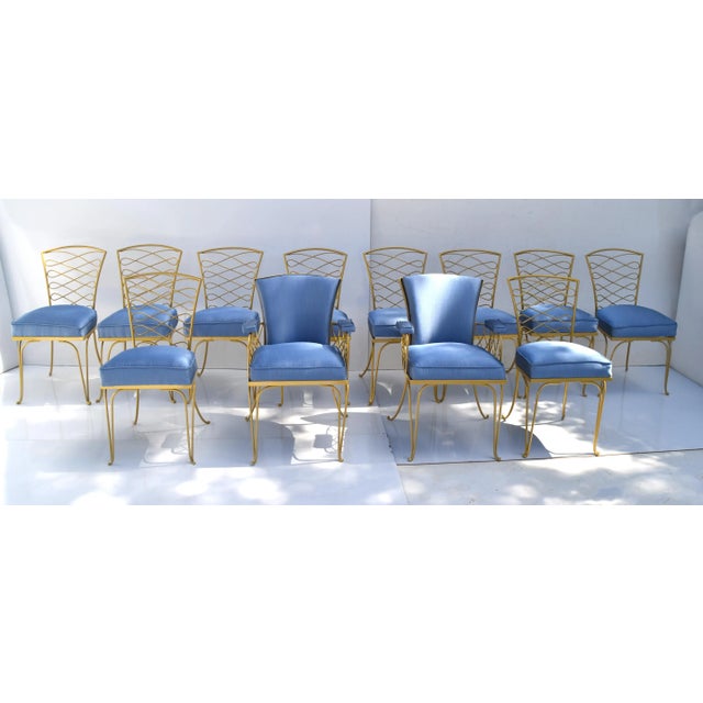 1940s René Prou Art Deco Gold Wrought Iron Dining Room Chairs Blue Fabric - Set of 14 For Sale - Image 5 of 12