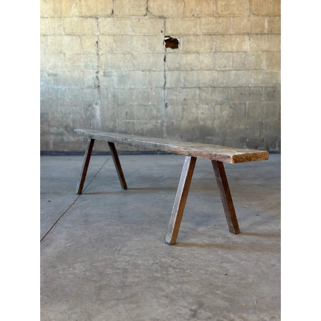 Primitive Oak Plank Wood Bench For Sale - Image 4 of 6