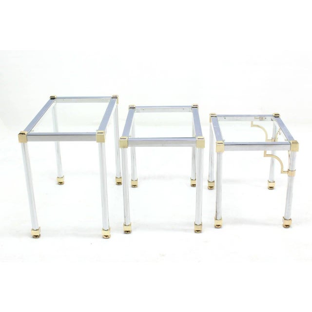 Metal Set of 3 Chrome and Brass Metal Glass Top Nesting Side End Occasional Tables For Sale - Image 7 of 9