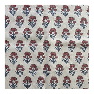 Designer Bastideaux Laurette Coral Dust and Lapis Blue Floral Linen Fabric - 2 3/4 Yards For Sale
