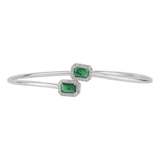 Fine Two-Stone Emerald & Diamond Bangle Bracelet in Sterling Silver For Sale