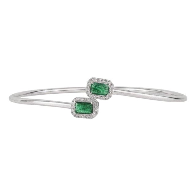 Fine Two-Stone Emerald & Diamond Bangle Bracelet in Sterling Silver For Sale