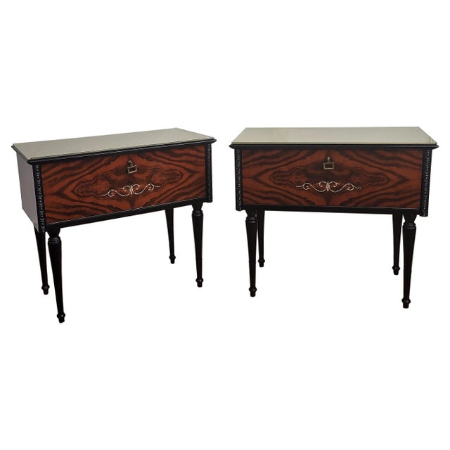 Italian Art Deco Style Walnut Bedside Tables with Glass Tops, 1950s, Set of 2 For Sale - Image 9 of 9