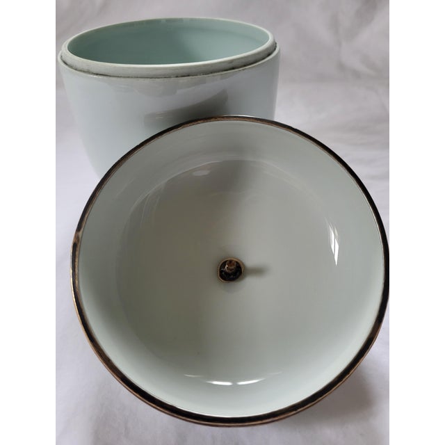 1960s Vintage Celadon Porcelain Lidded Pot and Saucer with Bronze Hazelnut from Royal Limoges, 1960s, Set of 2 For Sale - Image 5 of 9