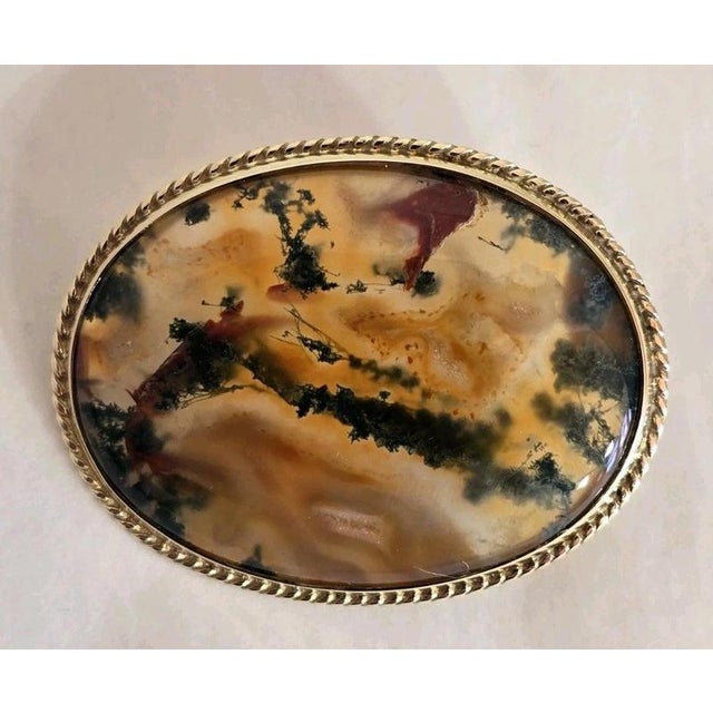 Vintage 9ct Yellow Gold Moss Agate Brooch, Sheffield, 1989 For Sale - Image 18 of 18