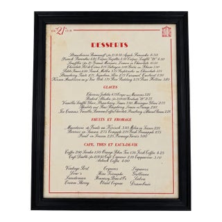 Vintage the 21 Club Nyc Restaurant Framed Dessert Menu New York City For Sale
