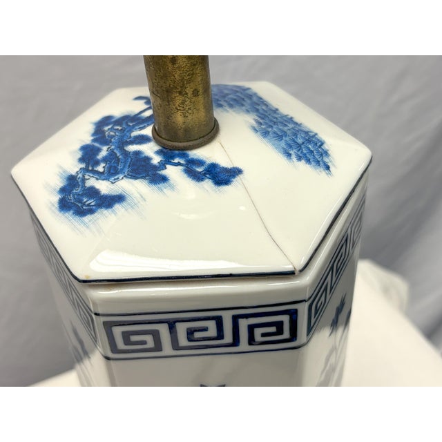 Vintage Mid Century Blue and White Ceramic Hexagon Shaped Table Lamps- A Pair For Sale - Image 16 of 17