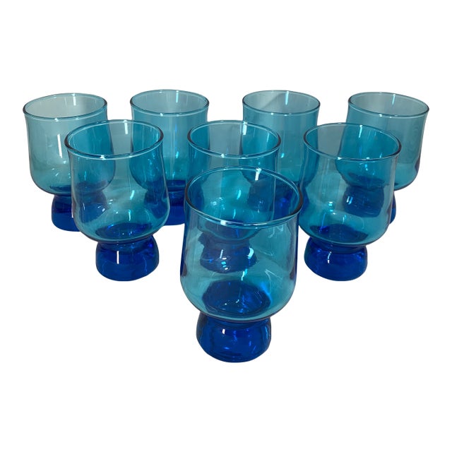 Vintage Mid-Century Modern Anchor Hocking Tivoli Laser Blue Footed Tumblers - Set of 8 For Sale