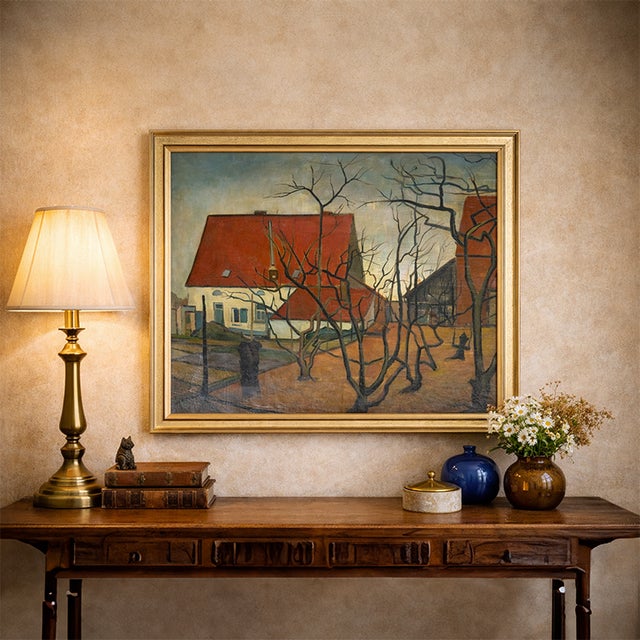 Modern Alexandru Tipoia, Romanian Modernist Landscape with Red Roof House, 1960s, Oil on Canvas, Framed For Sale - Image 3 of 6