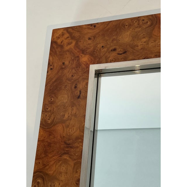 Square mirror in elm burl veneer and chrome by Willy Rizzo. Circa 1970 For Sale - Image 4 of 12