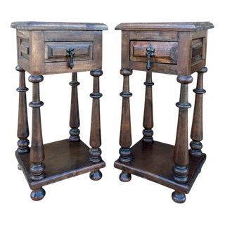 Spanish Oak Nightstands with Drawers, 1920, Set of 2 For Sale