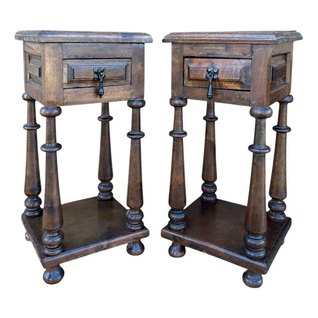 Spanish Oak Nightstands with Drawers, 1920, Set of 2 For Sale