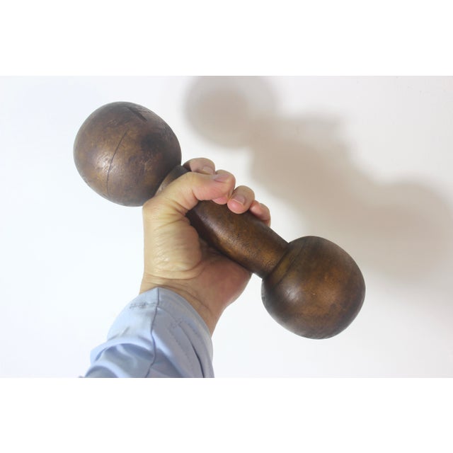 Vintage Wood Hand Weights or Dumbbells Set of Two Sports Equipment Memorabilia Dumb Bells For Sale - Image 9 of 12