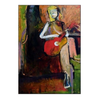 "Red Guitar" Helen Zarin Original Abstract Figurative Signed Oil Painting For Sale
