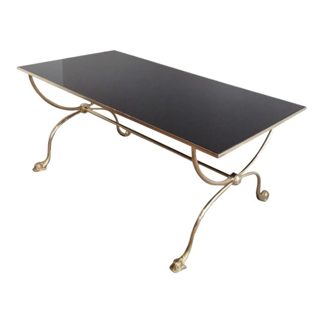 1940s Fench Brass & Black Lacquered Glass Top Dolphin Heads Coffee Table For Sale