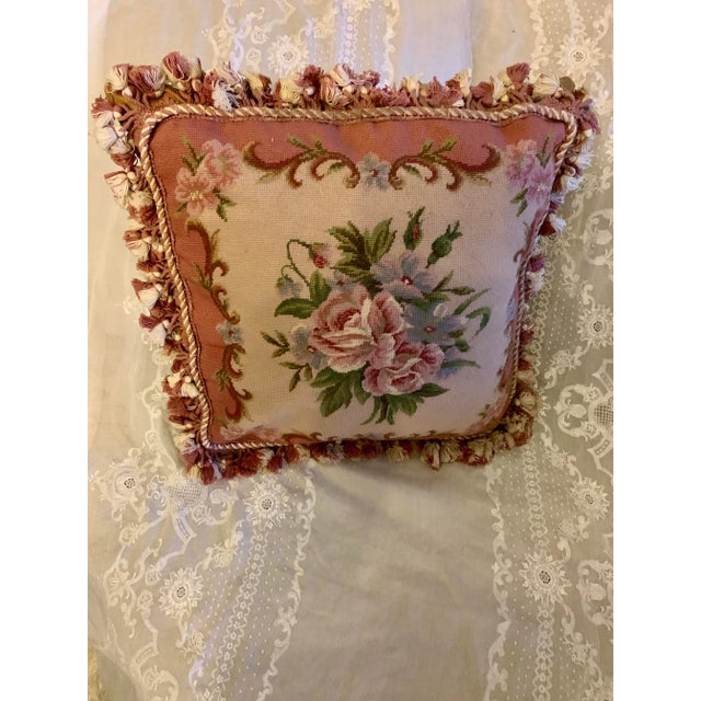 Shabby Chic Vintage Tapestry Floral Aubusson Wool Decorative Pillow With Tassels Trim Reversible to Solid Velvet 19” X 19” For Sale - Image 3 of 12