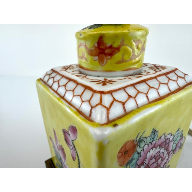 1960s Vintage Chinoiserie Small Yellow Porcelain Table Lamp With Brass Base and Floral Motif For Sale - Image 5 of 9