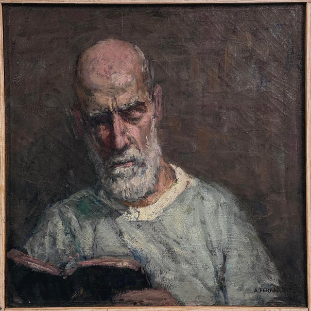 Anthony Ferrara - Vintage Expressionist Portrait of Bearded Man Reading, Signed (1954, Oil on Canvas) For Sale