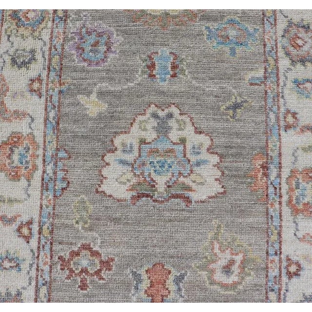 2020s Modern Oushak Runner With Orange and Blue Motifs on Light Gray Background For Sale - Image 5 of 13