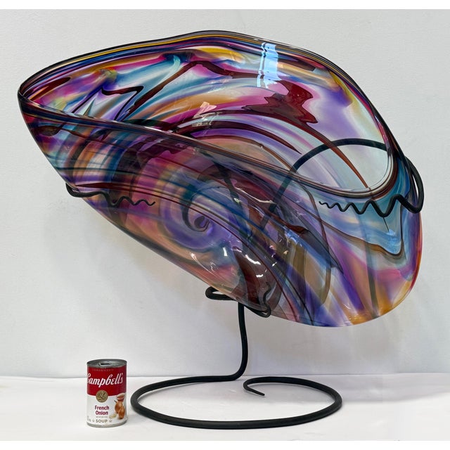 Modern Late 20th Century Huge David Goldhagen Studio Blown Art Glass Vessel, Custom Iron Stand, American For Sale - Image 3 of 11