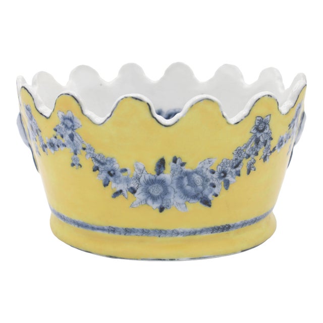 Mid 20th Century Yellow and Blue Ceramic Cachepot Planter For Sale