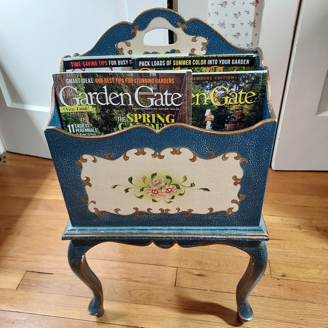 Hand Painted Floral Gilded Wood Magazine Rack Vintage Speckled Finish Handle 26" H 14" W For Sale - Image 4 of 16