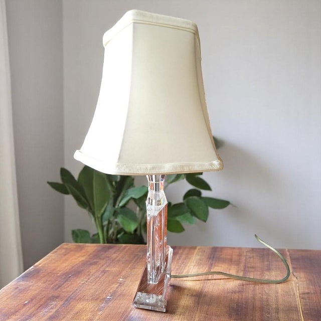 1970s MId-Century Solid Crystal Table Lamp With Shade For Sale - Image 10 of 10
