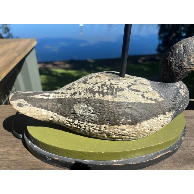 Early 20th Century Hand-Carved Duck Decoy Lamps With Custom Ticking Stripe Shades – Pair For Sale - Image 11 of 17
