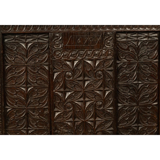 Antique French Medieval Gothic Carved Oak Chest Coffer 17th Century Panels 1679 For Sale - Image 13 of 16