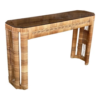 Vintage Boho Coastal Wicker Console Table For Sale