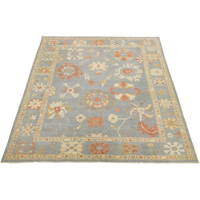 Blue 14x17 Hand-Knotted Modern Oushak Rug Premium Hand-Spun Wool Blue/Earth Tones For Sale - Image 8 of 10