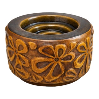 1970’s Vogel Studio Pottery Candle Holder – Carved Floral Motif – Mid-Century / 1970s Organic Modern – Usa For Sale