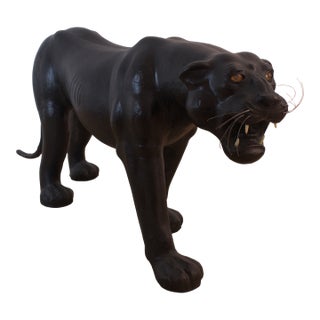 Massive Mid-Century Six-Foot Panther Sculpture, Leather Wrapped, Glass Eyes For Sale