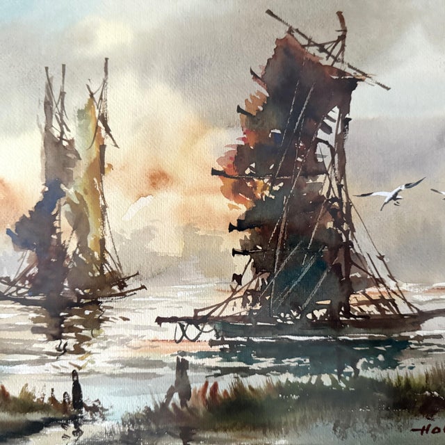 Original Hoe Won Watercolor Harbor Scene For Sale - Image 10 of 11