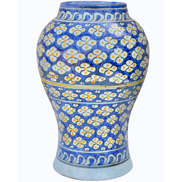 Mid-Century Modern Early 20th Century Handmade Blue & Orange-Patterned Andalusian Ceramic Vase For Sale - Image 3 of 10