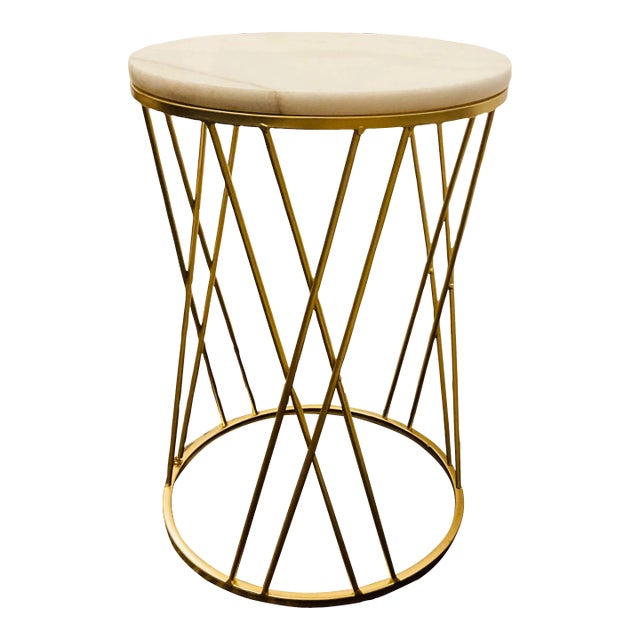 Modern Round White Marble and Geometric Brass Base Side Table For Sale