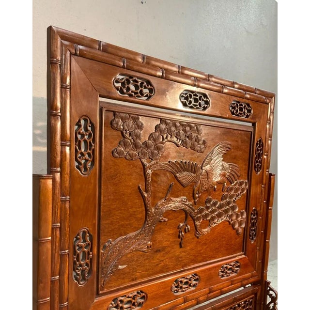 Antique 19th Century Chinese Carved Huanghuali Rosewood Wood Faux-Bamboo Table Screen Add a commanding focal point of...