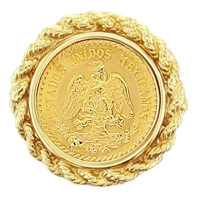 1945 Dos Pesos Gold Coin Ring with Rope Bezel, Size 4 | Chairish
