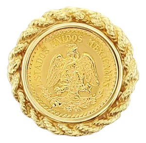 1945 Dos Pesos Gold Coin Ring with Rope Bezel, Size 4