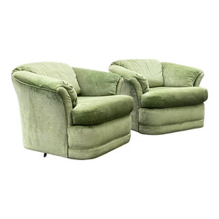 Flexsteel Green Velvet Swivel Chairs - a Pair For Sale
