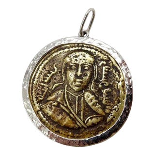 Bronze Byzantine Coin Pendant in 14K White Gold Mount For Sale